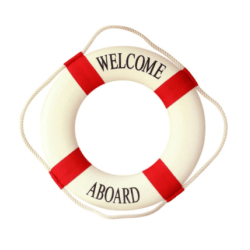 Dekorativt livboj, färg röd text welcome aboard white and red