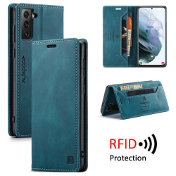 Samsung Galaxy S21 - Premium Läder Fodral RFID Skyddat Blå Blue Samsung Galaxy S21