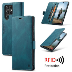 Samsung S22 Ultra - Premium Läder Fodral RFID Skyddat Blå Blue Samsung Galaxy S22 Ultra