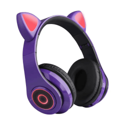 Over-Ear hörlurar Bluetooth 5.0 trådlösa kaninöron LED med mikrofon för barn Flickor Glow Cat Ear Headset Lila