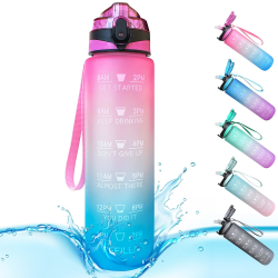 Sportvattenflaska 1 L Tidsmarkeringar och med sugrör Flaskor Pink Gradient Blue