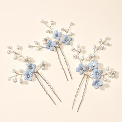 3 st blå blomma U-formade hårnålar Pärla Elegant huvudbonad för bröllop Brud Kvinnor Hår Smycken