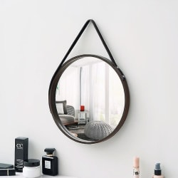 Pu læder rund væg spejl dekorativt hængende spejl med rem Makeup spejl vaskespejl til badeværelse Stue Soveværelse