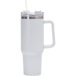 Vattenflaska i rostfritt stål | Mugg med sugrör och handtag | Läcksäker vakuumisolerad vattenflaska för hett iskaffe (vit)