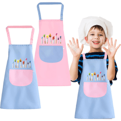 Paket med 2 justerbart målningsförkläde med ficka Vattentäta barnförkläden Flickor Pojkar Set (rosa blå)
