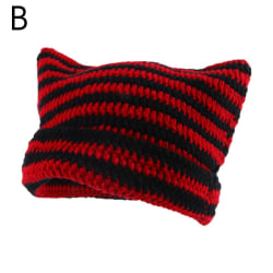Virkade mössor för kvinnor Gothic Stickad Cat Ear Little Devil Hat, black red One-size