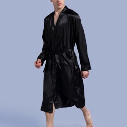 Män Solid Morgonrock V-hals Tie midjefickor Långärmad pyjamas Black XXL