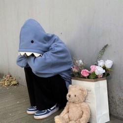 Rolig Shark Patchwork Hoodies Kvinnor Höst Kawaii Sweatshirt Blue M