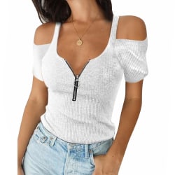 Kvinnors Pure Color Casual Summer Top Dragkedja Off Shoulder T-shirt White XL