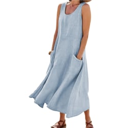 Kvinnors temperament sommar ärmlös klänning i bomull och linne sky blue 3XL
