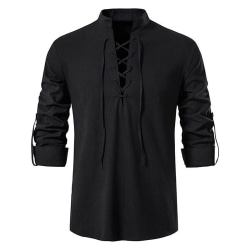 Pirat-tröja med snörning för män långärmad T-shirt med ståkrage black L