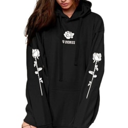 Kvinnor Rose Print Långärmad Pullover Plysch Hoodies Coat Black XL