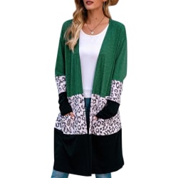 Kvinnor patchwork leopard cardigan kappa med fickor lösa casual Dark Green XL