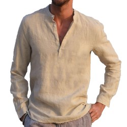 Långärmad linneskjorta för män Casual T-shirt Blus Beach Tops khaki XL