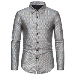 Lyxiga festskjortor för män med glänsande långärmade klänningar, skjortor med knappar Silver M