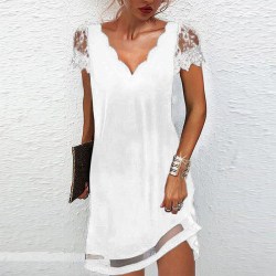 Kvinnor Beach Mini Dress Plain Holiday Summer V-Neck kort ärm White 3XL