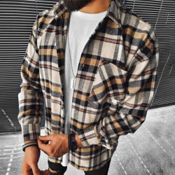 Rutigt långärmade skjortor för män Casual Lapel Streetwear Coat Kaki L