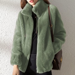 Dam fleece fluffig Teddy Bear Coat Plain Pocket Jacka Ytterkläder Grön 2XL