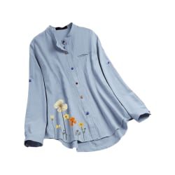 Plus Size Dam Långärmad Skjorta Tunika Lös Blus Cardigan Ljusblått XL