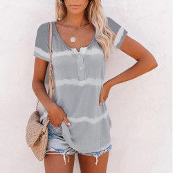 Kvinnor Kortärmad T-shirt Tie Dye Knappar Toppar Gray M