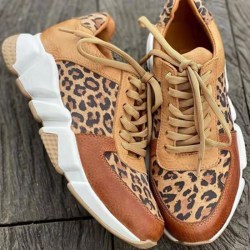 Kvinnor Print Toe Round Low Top Snörning Platta klackar Skor Sneakers Leopard 40