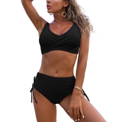 Tvådelad baddräkt för kvinnor vadderad hög midja badkläder Bikini Set Black,XL