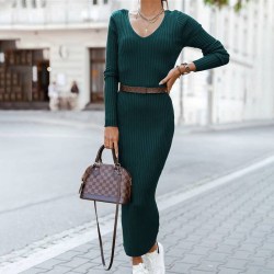 Stickad långklänning kvinnor V-hals Stretch Slim långärmad klänning Green 3XL