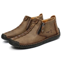 Mens Casual Leather Loafers Flats Skor Mockasiner Mid Top Boots Kaki US 9