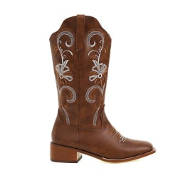 Womens Wide-Calf Mid Calf Boots Almond Toe Western Cowgirl Boots Mörkbrun 36