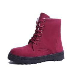 Suede Flat Snow Boots Plus Velvet Winter Women's Lace Up Shoes red 41