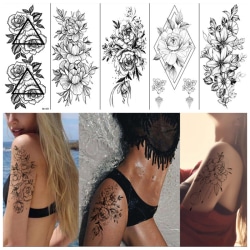 Engangstatoveringer - midlertidige tatoveringer med blomstermoti Svart