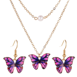 Smyckesset med tvåradigt halsband och örhängen Fjärilar Lila Lila