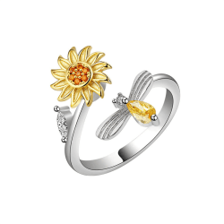 Justerbar anti-stress ring med blomst og insekt sølv/guld/gul