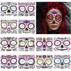 Halloween Face Temporary Tattoo, 12 Pack Day of the Dead Fluorescent Face Tattoo