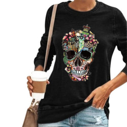 Halloween Kvinnor Skull Skeleton Print Långärmad T-shirt Baggy black M