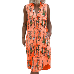 Dam sommar löst ärmlöst print street fashion klänning med V-ringad orange 3XL