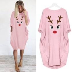 Kvinnor Christmas Style Print Hood Dress Loose Casual Dress Pink L
