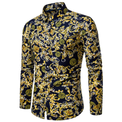 Printed långärmad slimmad skjorta Mode casual med blommor yellow XL