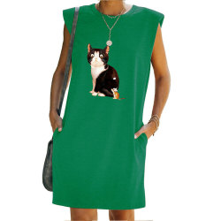Kvinnors Temperament Lös Kitty Print ärmlös klänning Green XL