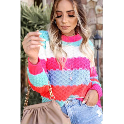Lady Stitching Color Sweater Crew Neck Lös Pullover Jumper topp Sky Blue M