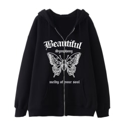 Kvinnor Zip Up Hoodies Butterfly Print Sweatshirt Oversized jacka S