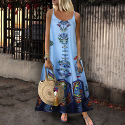 Print sommar sexig lång klänning med hängseltryck för kvinnor Light Blue S