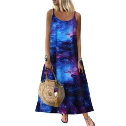 Print sommar sexig lång klänning med hängseltryck för kvinnor Starry Light Blue S