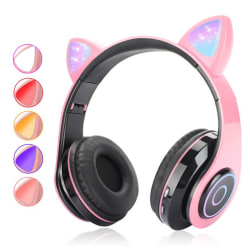 Bluetooth 5.0-hörlurar Cat Ear Over-Ear Fällbara LED-lampor tänds pink