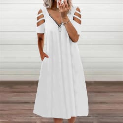 Sommarlovsklänning för kvinnor casual klänning med djup V-dragkedja White XL