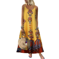 Print sommar sexig lång klänning med hängseltryck för kvinnor Yellow Butterfly XL