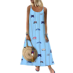 Print sommar sexig lång klänning med hängseltryck för kvinnor Blue M