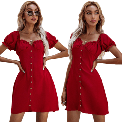 Sexig enfärgad puffärmklänning för dam sommar med knapp framtill Red S