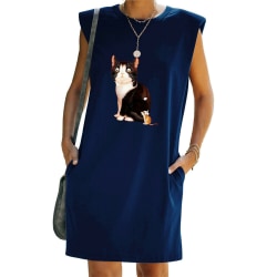 Kvinnors Temperament Lös Kitty Print ärmlös klänning Dark Blue S