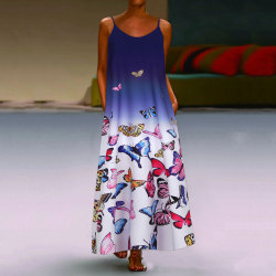 Print sommar sexig lång klänning med hängseltryck för kvinnor Blue Butterfly XL